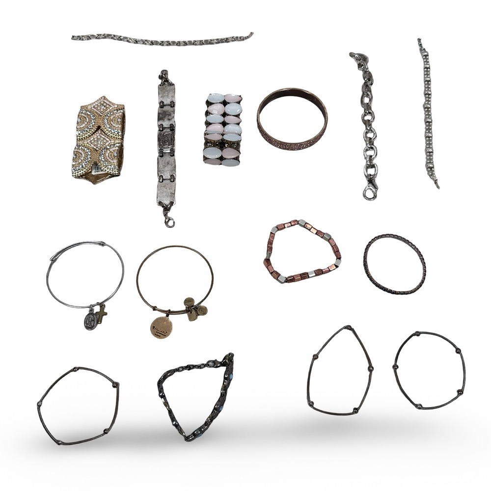Womens 15 piece Bracelet Lot Alex and Ani Lucky Brand Nine West Mixed Metal Gray